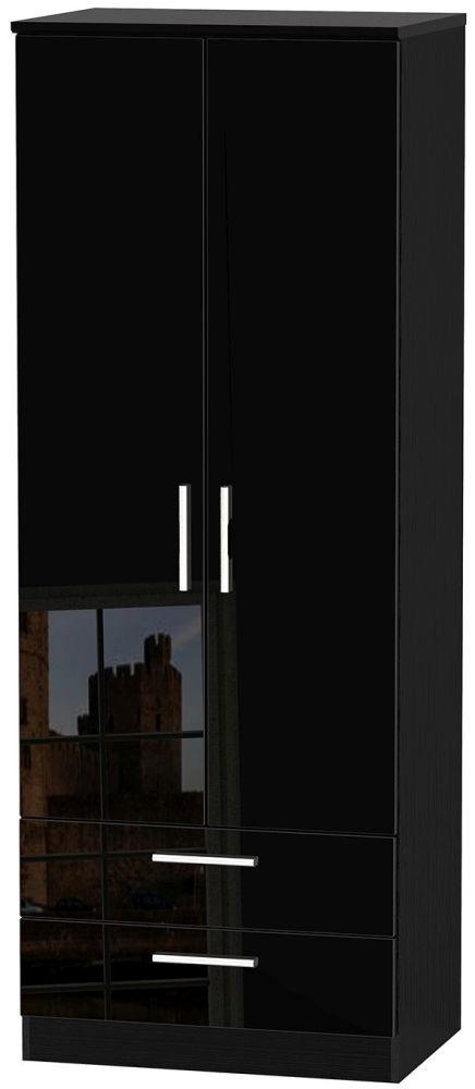Knightsbridge Black Gloss 2 Door 2 Drawer Tall Wardrobe