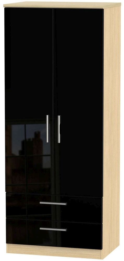 Knightsbridge Double Wardrobe - 2 Door - 2 Drawer - Black Gloss and Light Oak