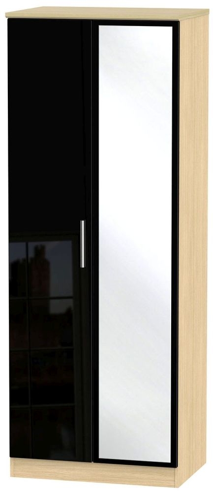 Knightsbridge Tall Wardrobe - 2 Door - 1 Mirror - Black Gloss and Light Oak
