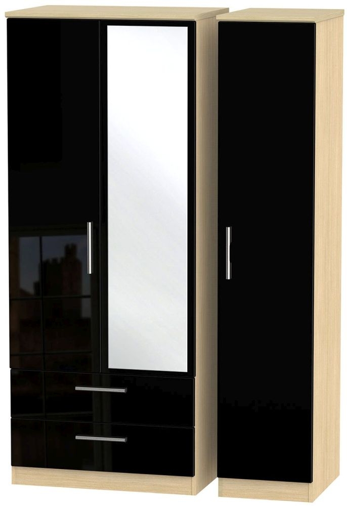 Knightsbridge Combi Wardrobe - 3 Door - 1 Mirror - LHF 2 Drawers - Black Gloss and Light Oak