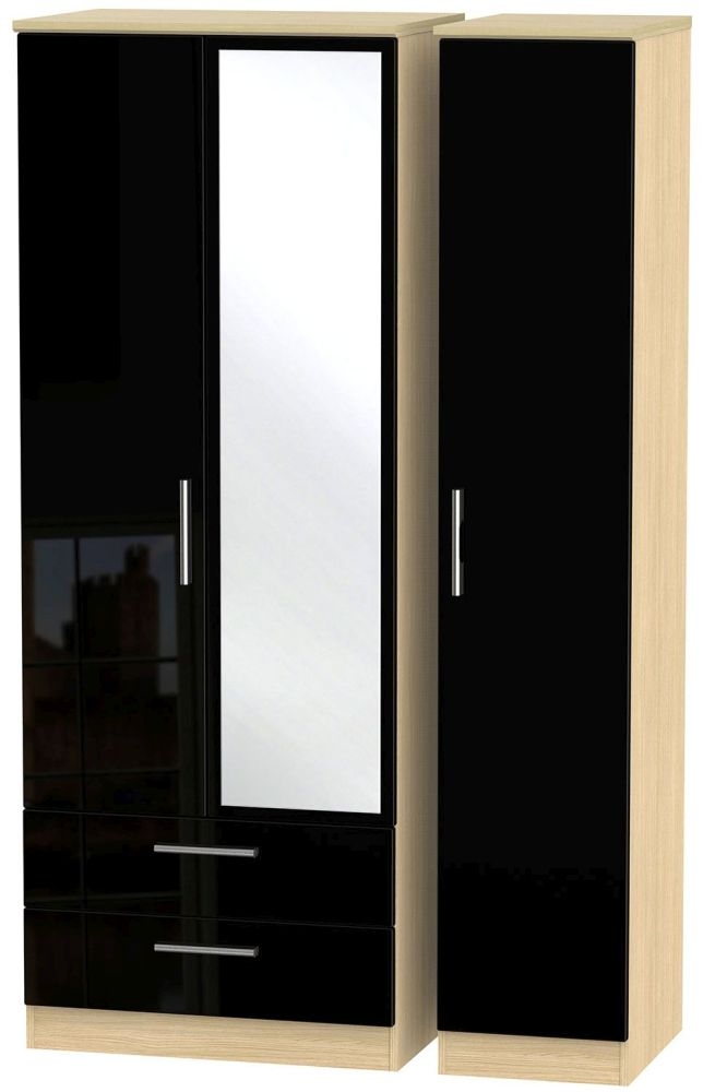 Knightsbridge Tall Combi Wardrobe - 3 Door - 1 Mirror - LHF 2 Drawers - Black Gloss and Light Oak