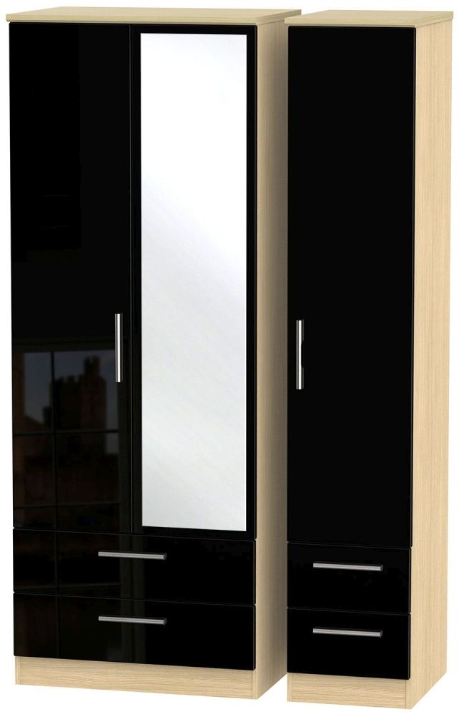 Knightsbridge Black Gloss and Light Oak 3 Door Tall Combi Wardrobe - 1 Mirror