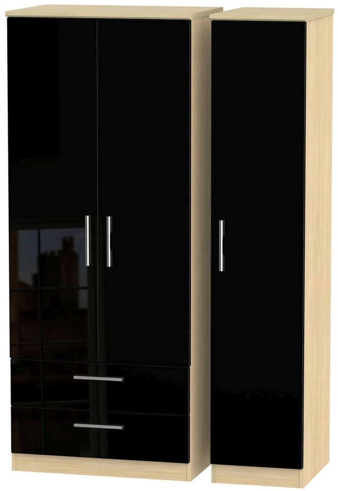 Knightsbridge Triple Wardrobe - 3 Door - LHF 2 Drawers - Black Gloss and Light Oak