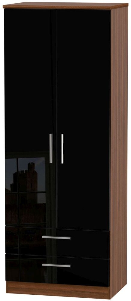Knightsbridge Black Gloss and Walnut Effect 2 Door 2 Drawer Tall Wardrobe