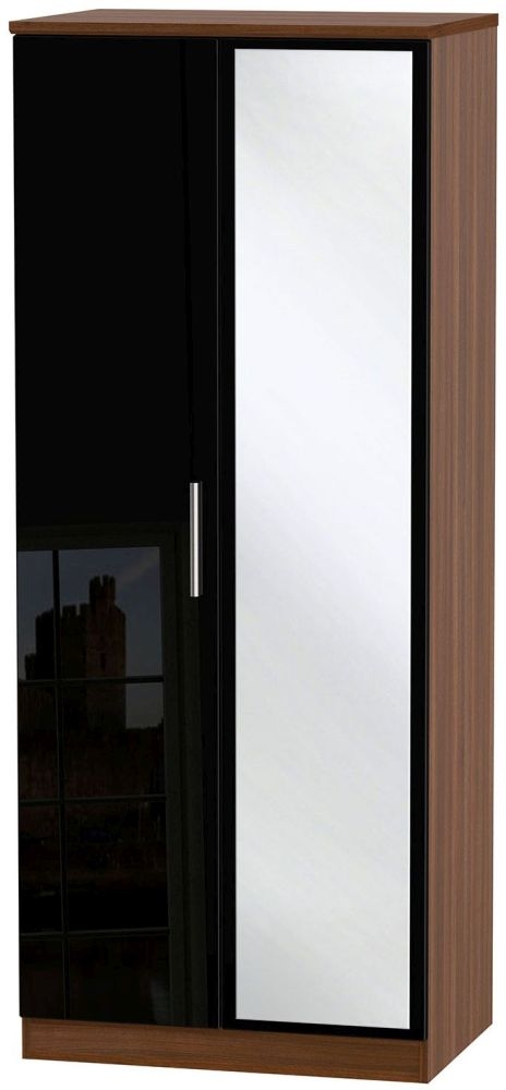 Knightsbridge Black Gloss and Walnut Effect 2 Door Wardrobe - 1 Mirror