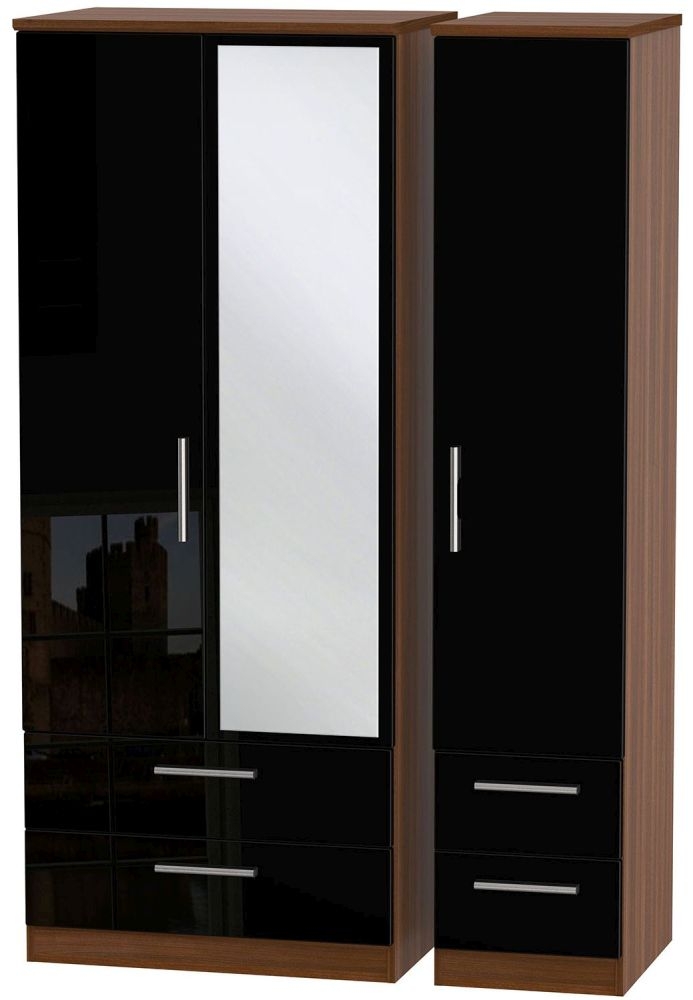 Knightsbridge Black Gloss and Walnut Effect 3 Door Combi Wardrobe - 1 Mirror