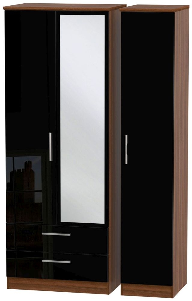Knightsbridge Wardrobe - 3 Door - 1 Mirror - LHF 2 Drawers - Tall Combi - Black Gloss and Walnut