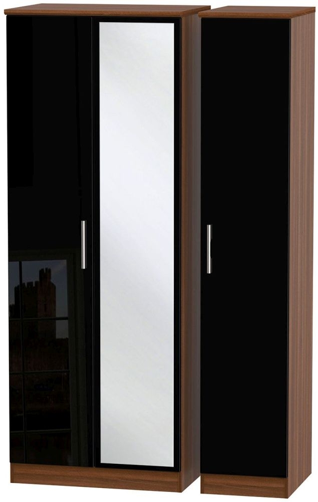 Knightsbridge Wardrobe - 3 Door - Tall Triple - 1 Mirror - Black Gloss and Walnut