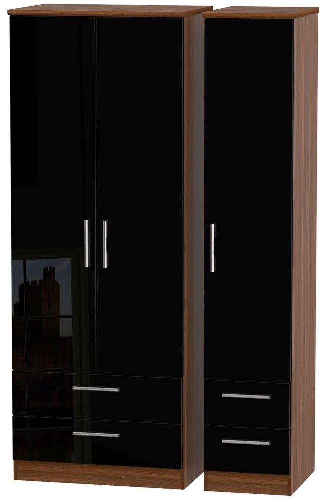 Knightsbridge Wardrobe - 3 Door - 1 Mirror - LHF 2 Drawers - Black Gloss and Walnut