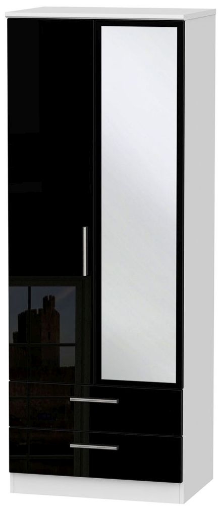 Knightsbridge Black Gloss and White 2 Door Tall Combi Wardrobe - 1 Mirror