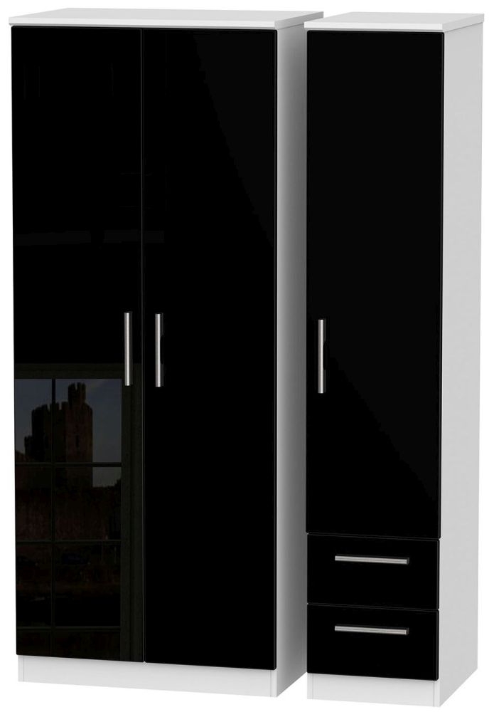 Knightsbridge Wardrobe - 3 Door -  RHF 2 Drawers - Triple - Black Gloss and White