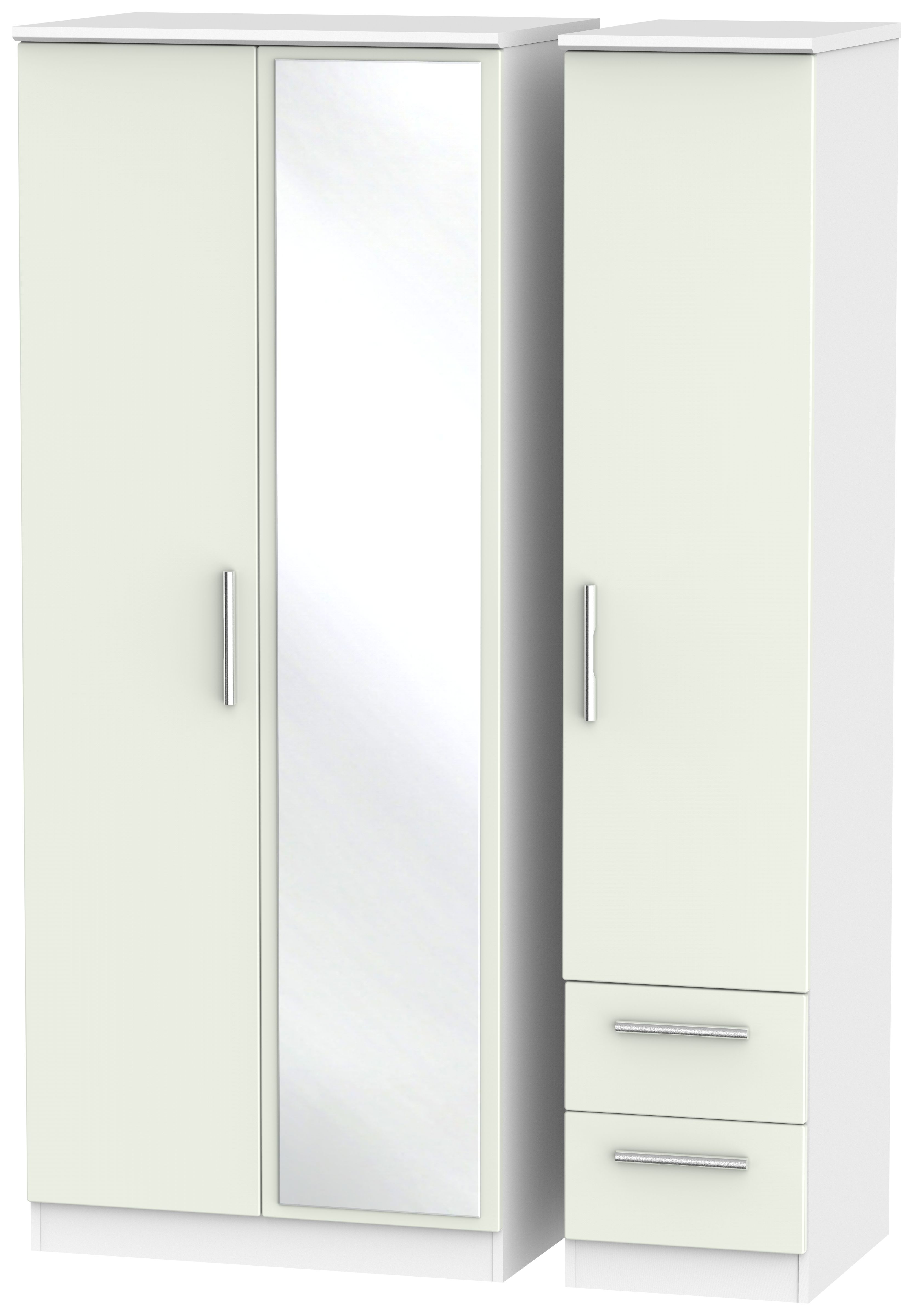 Knightsbridge Cashmere Matt and White 3 Door Combi Wardrobe - 1 Mirror and RHF 2 Drawers