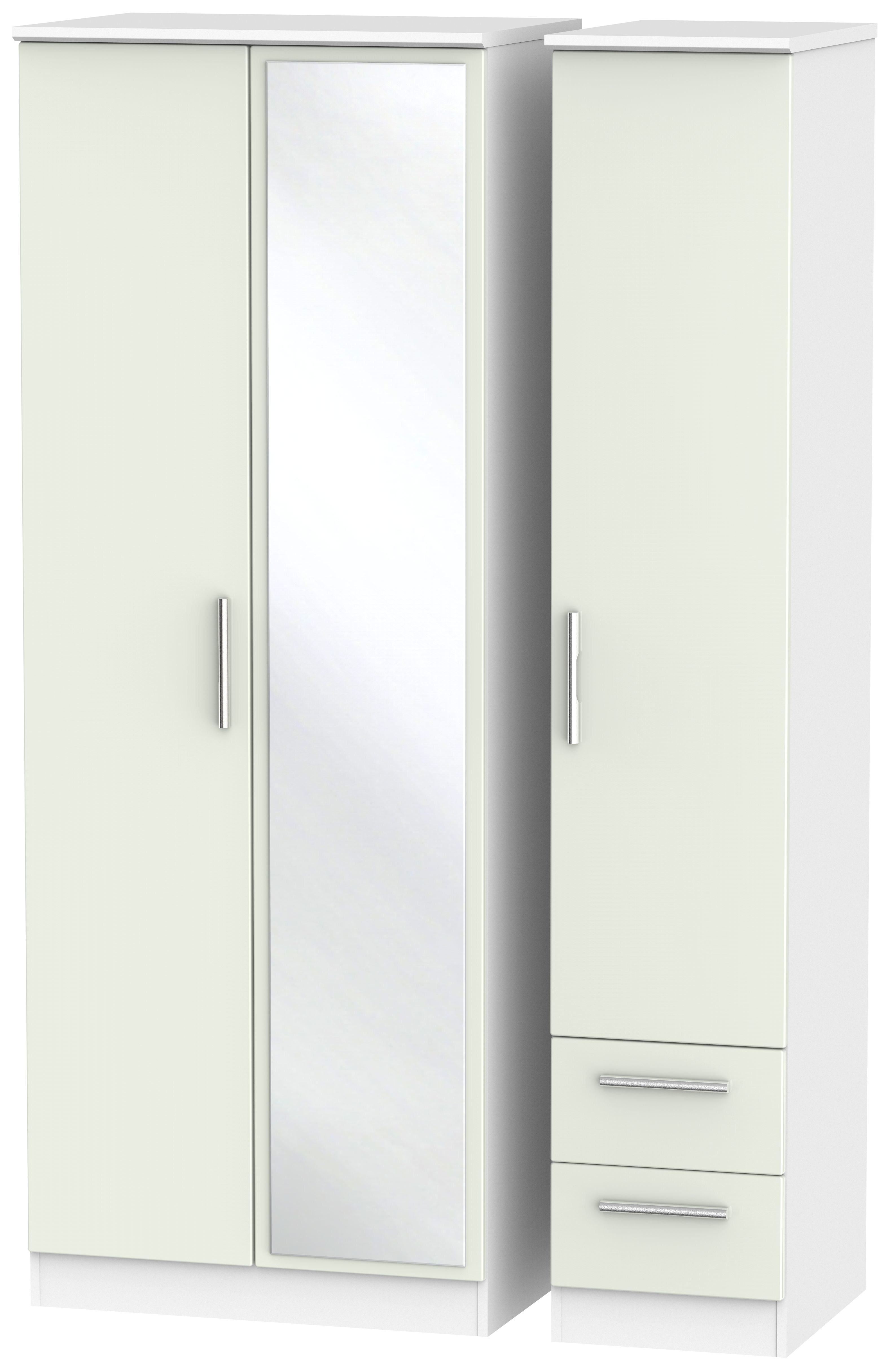 Knightsbridge Wardrobe - 3 Door - 1 Mirror - RHF 2 Drawer - Tall - Combi - Cashmere Matt and White