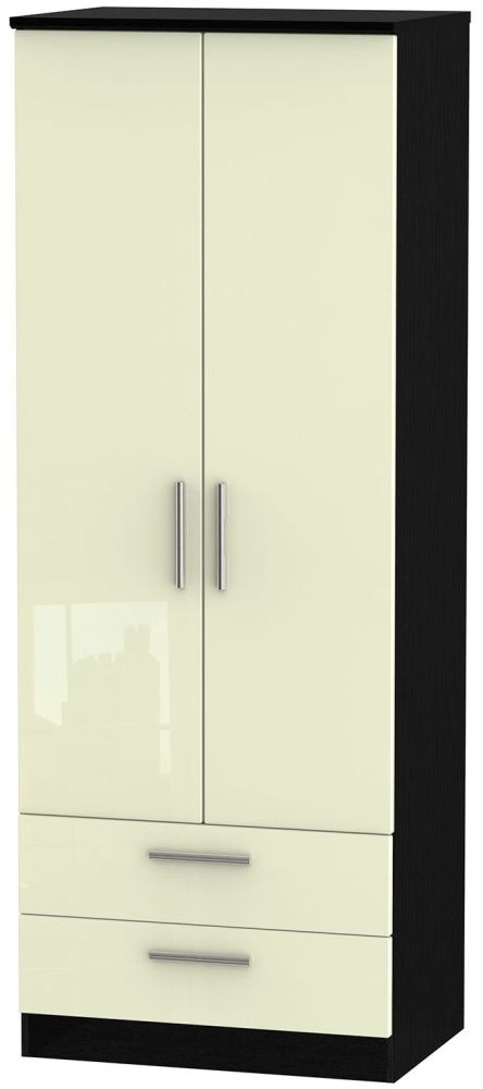 Knightsbridge Cream Gloss and Black 2 Door 2 Drawer Tall Wardrobe