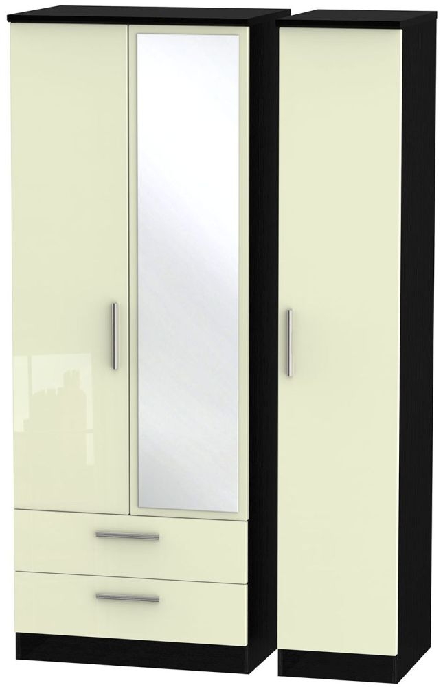 Knightsbridge Wardrobe - 3 Door - Tall Combi - 1 Mirror - LHF 2 Drawers - Cream Gloss and Black