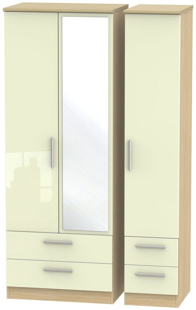 Knightsbridge Cream Gloss and Light Oak 3 Door Tall Combi Wardrobe - 1 Mirror