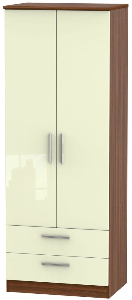 Knightsbridge Cream Gloss and Walnut Effect 2 Door 2 Drawer Tall Wardrobe