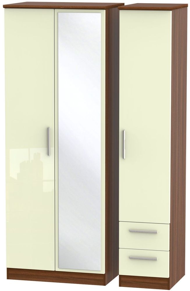 Knightsbridge Wardrobe - 3 Door - 1 Mirror - RHF 2 Drawers - Combi - Tall - Cream Gloss and Walnut