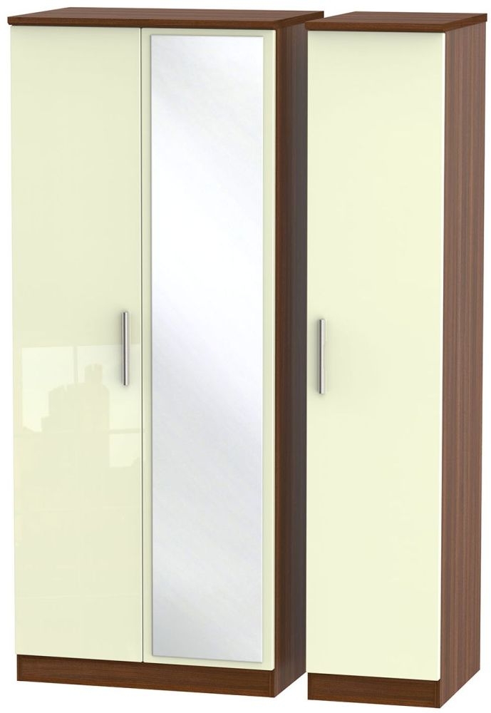 Knightsbridge Wardrobe - 3 Door - 1 Mirror - Triple - Cream Gloss and Walnut