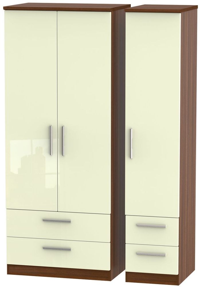 Knightsbridge Cream Gloss and Walnut Effect 3 Door Triple Wardrobe - 4 Drawers