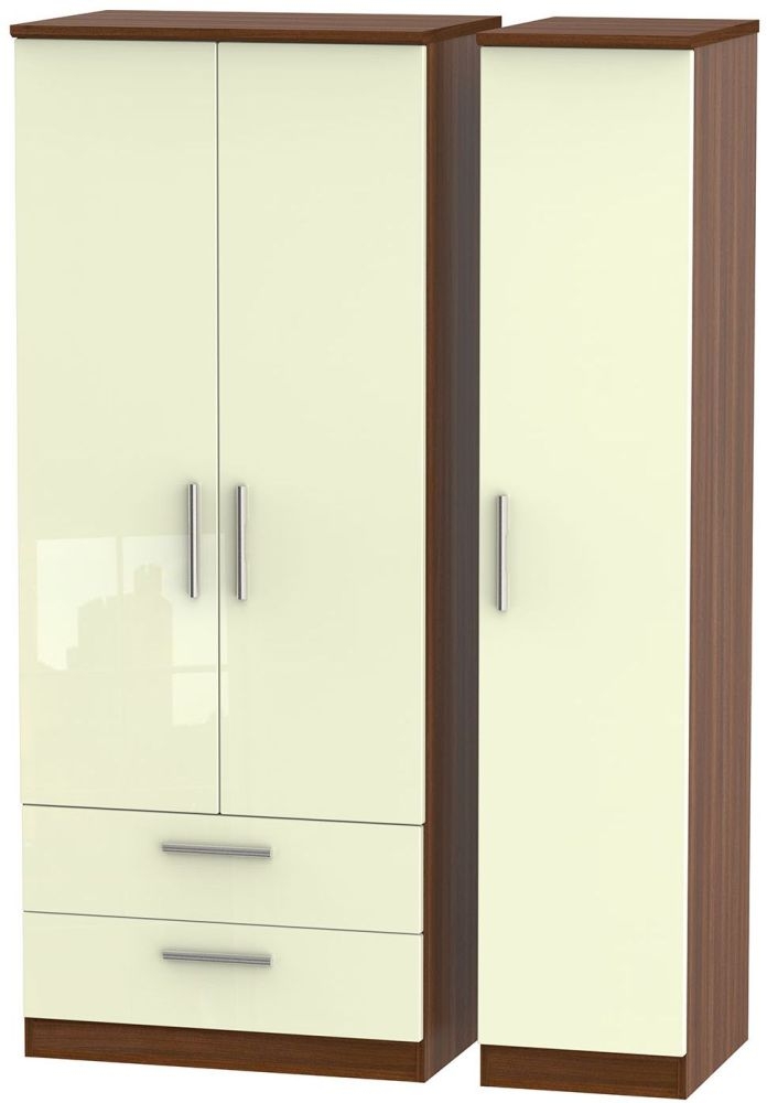 Knightsbridge Wardrobe - 3 Door - LHF 2 Drawers - Triple - Cream Gloss and Walnut
