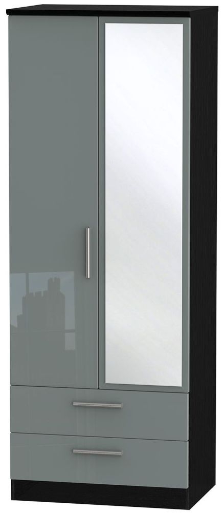 Knightsbridge Grey Gloss and Black 2 Door Tall Combi Wardrobe - 1 Mirror