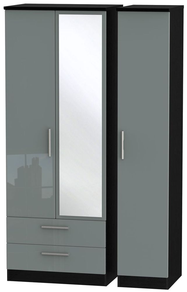 Knightsbridge Wardrobe - 3 Door - 1 Mirror - LHF 2 Drawer - Combi - Tall - Grey Gloss and Black