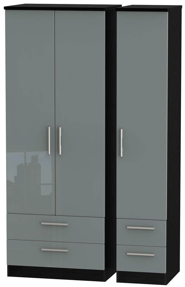 Knightsbridge Wardrobe - 3 Door - 4 Drawer - Triple - Tall - Grey Gloss and Black
