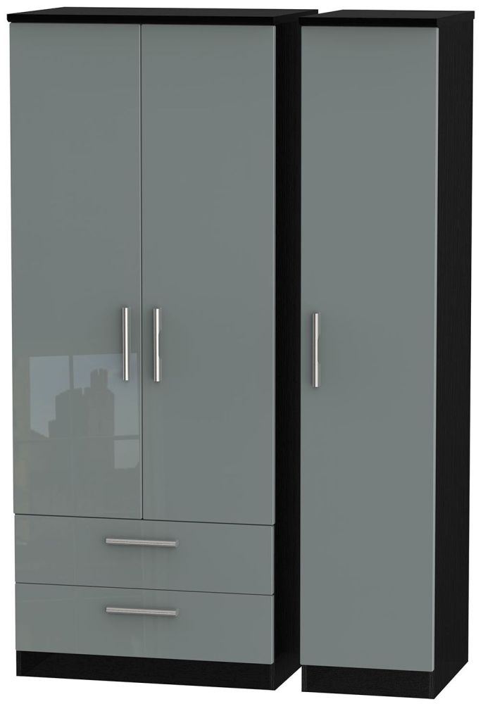 Knightsbridge Wardrobe - 3 Door - LHF 2 Drawer - Triple - Grey Gloss and Black