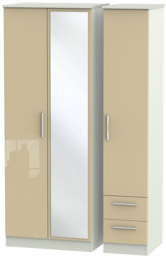Knightsbridge Wardrobe - 3 Door - 1 Mirror - RHF 2 Drawers - Tall - Combi - Mushroom and Cashmere Matt