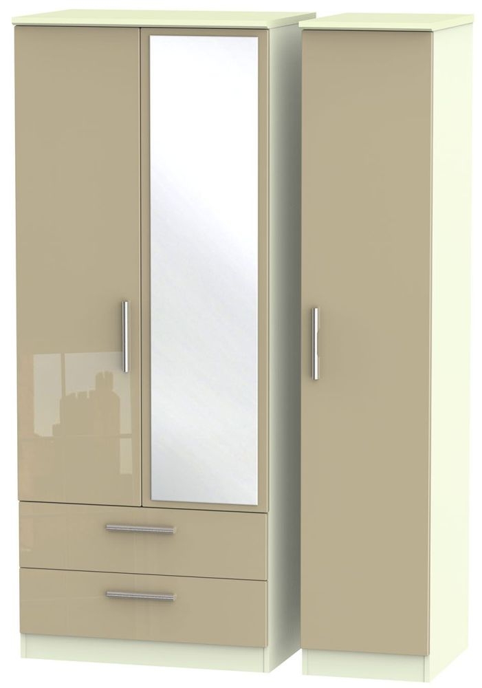Knightsbridge Wardrobe - 3 Door - 1 Mirror - LHF 2 Drawer - Combi - Mushroom and Cream