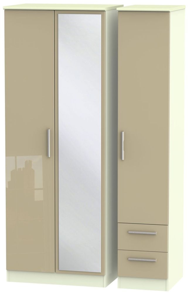 Knightsbridge Wardrobe - 3 Door - 1 Mirror - RHF 2 Drawer - Combi - Tall - Mushroom and Cream