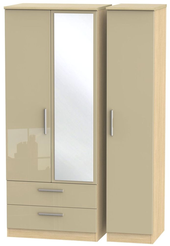 Knightsbridge Wardrobe - 3 Door - 1 Mirror - LHF 2 Drawer - Combi - Mushroom and Light Oak