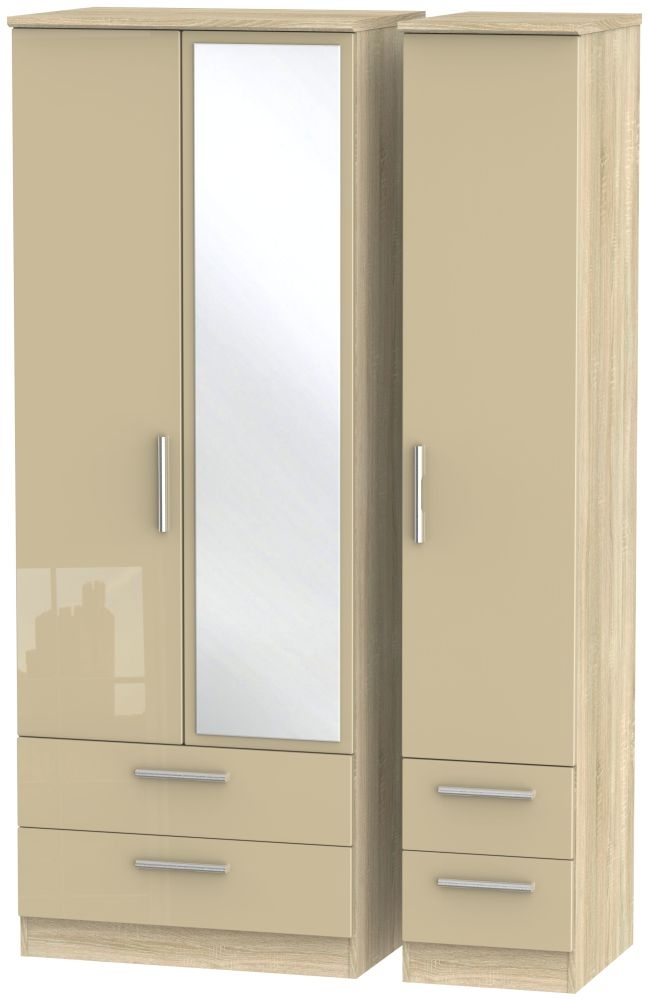 Knightsbridge Mushroom and Oak Effect 3 Door Tall Combi Wardrobe - 1 Mirror