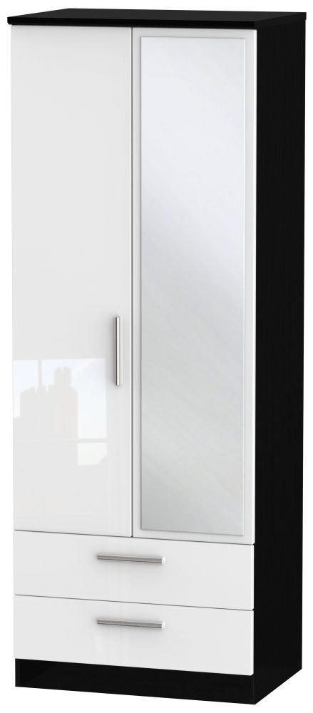 Knightsbridge White Gloss and Black 2 Door Tall Combi Wardrobe - 1 Mirror