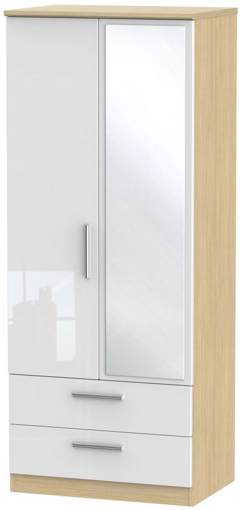 Knightsbridge White Gloss and Light Oak 2 Door Combi Wardrobe - 1 Mirror