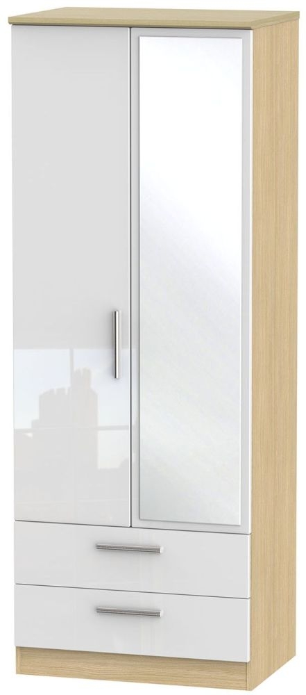 Knightsbridge White Gloss and Light Oak 2 Door Tall Combi Wardrobe - 1 Mirror