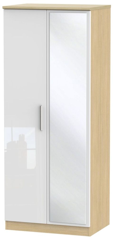 Knightsbridge White Gloss and Light Oak 2 Door Wardrobe - 1 Mirror