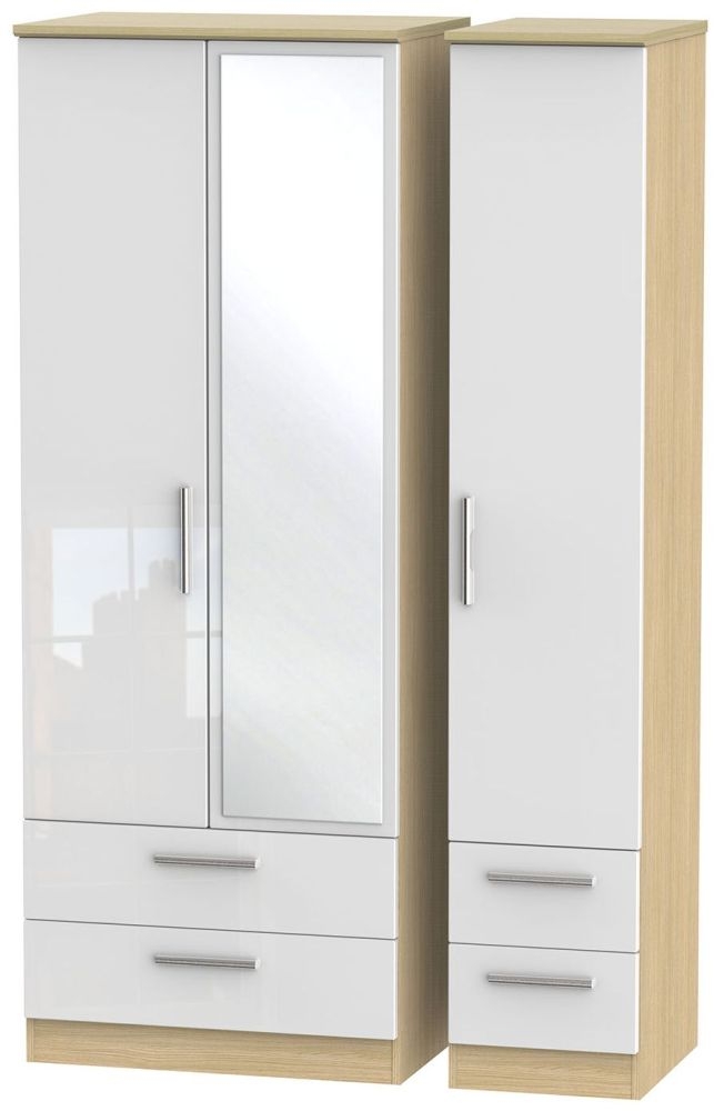 Knightsbridge White Gloss and Light Oak 3 Door Tall Combi Wardrobe - 1 Mirror