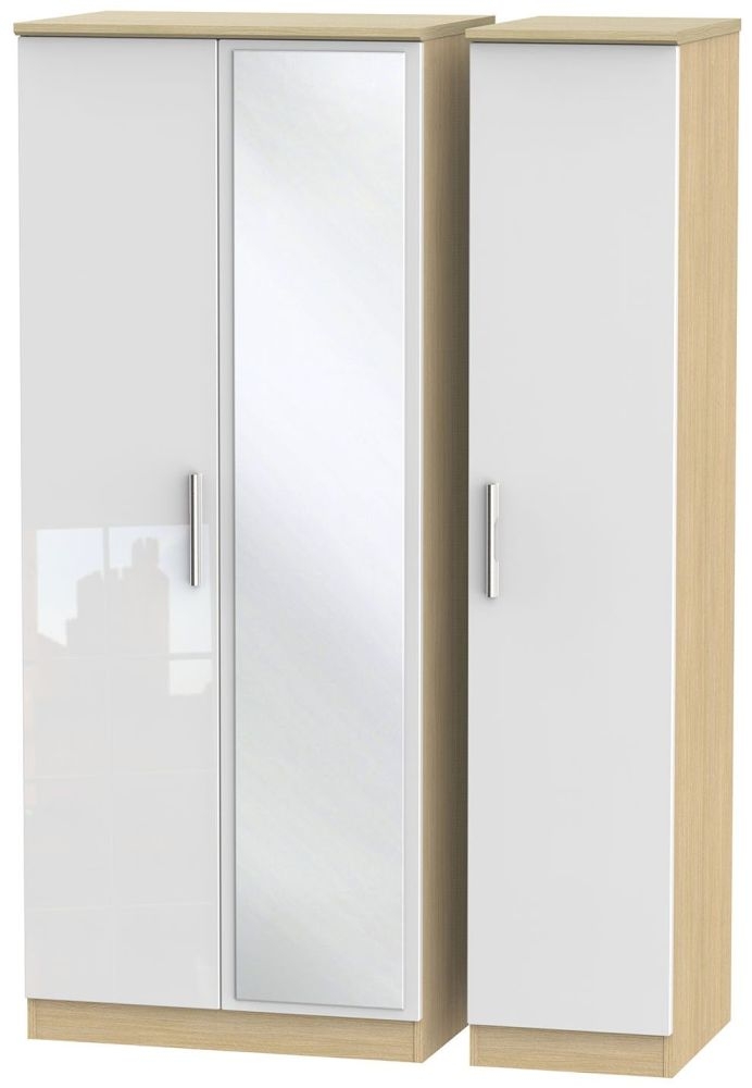 Knightsbridge White Gloss and Light Oak 3 Door Triple Wardrobe - 1 Mirror