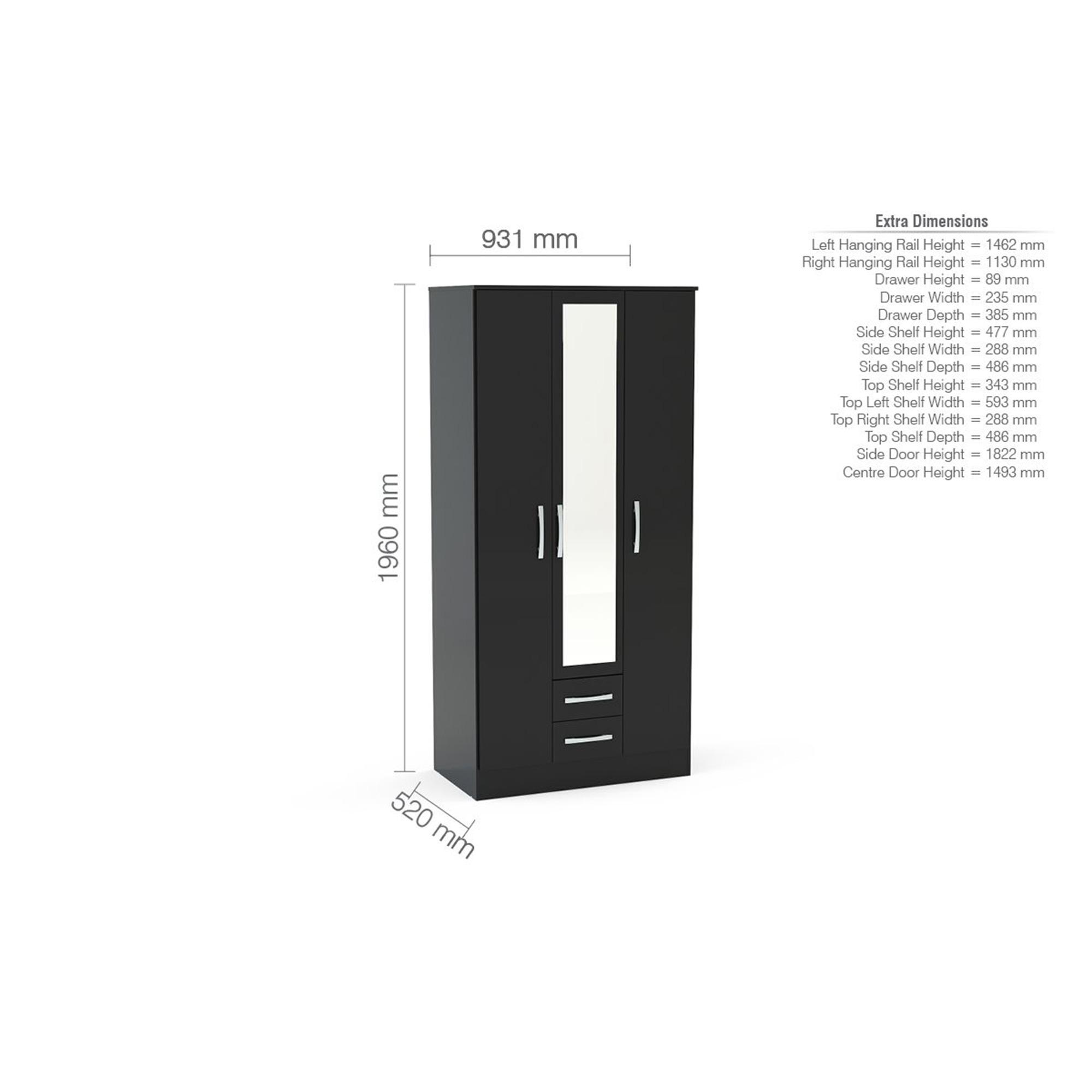 Lynx Combi Wardrobe - 3 Door - 2 Drawer - Black Gloss