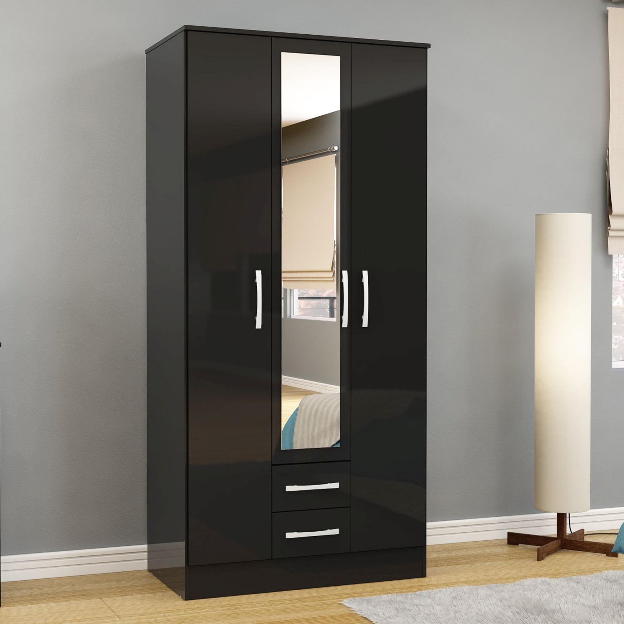 Lynx Combi Wardrobe - 3 Door - 2 Drawer - Black Gloss