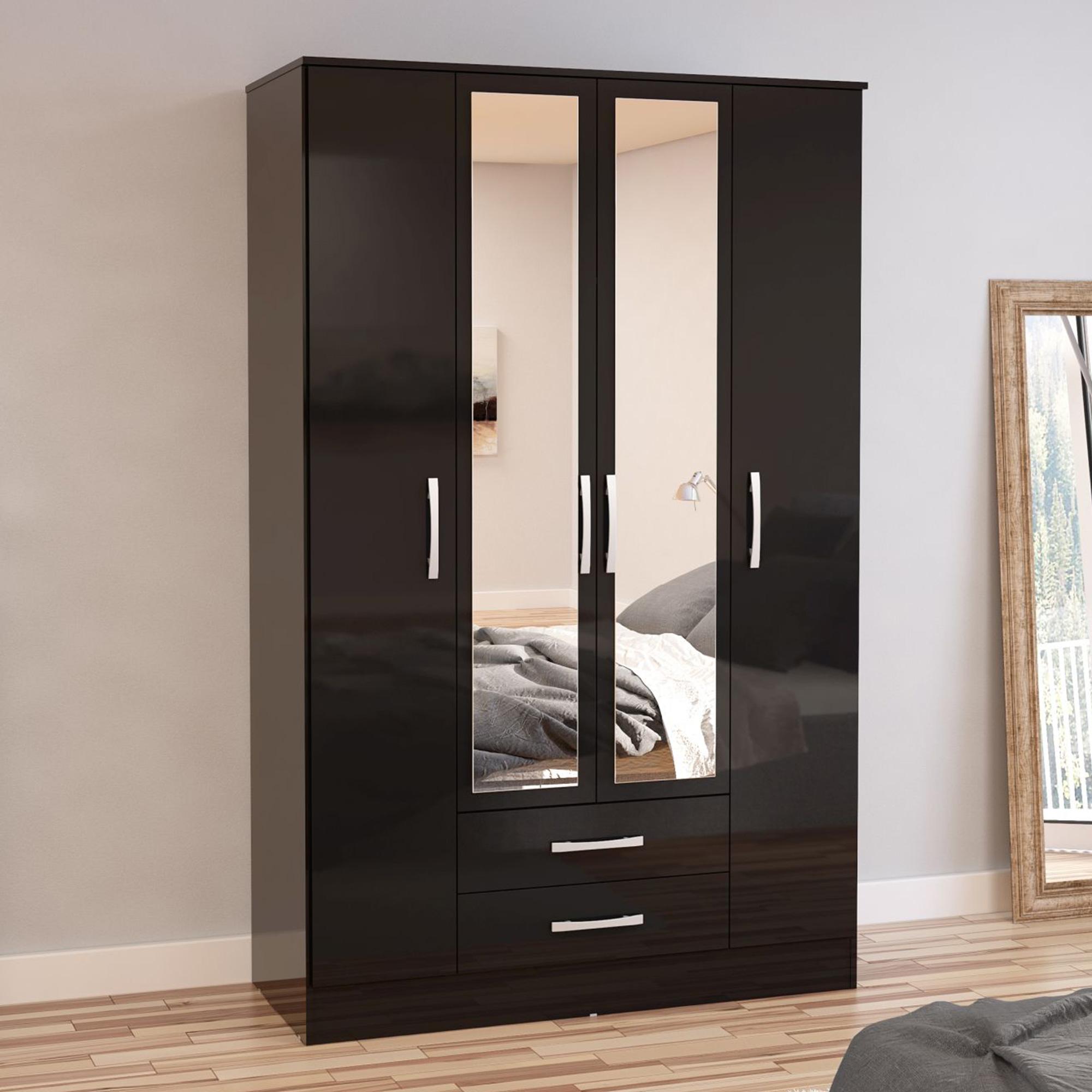 Lynx Combi Wardrobe - 4 Door 2 Drawer - Black Gloss