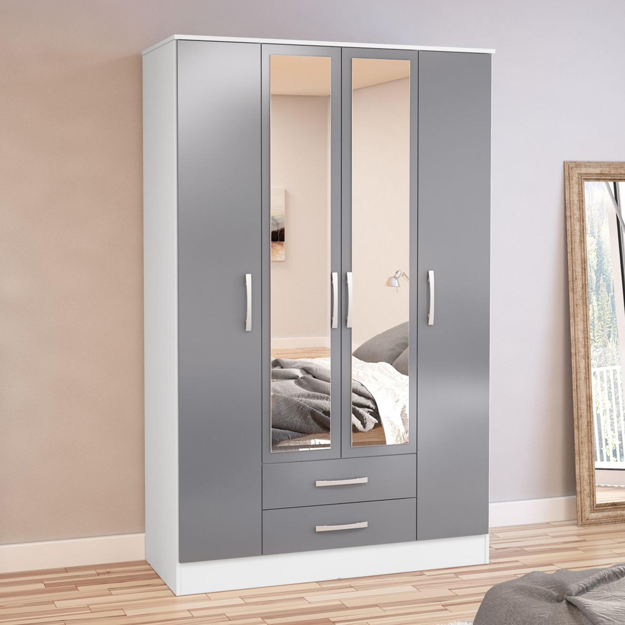 Lynx Combi Wardrobe - 4 Door 2 Drawer - White and Grey Gloss