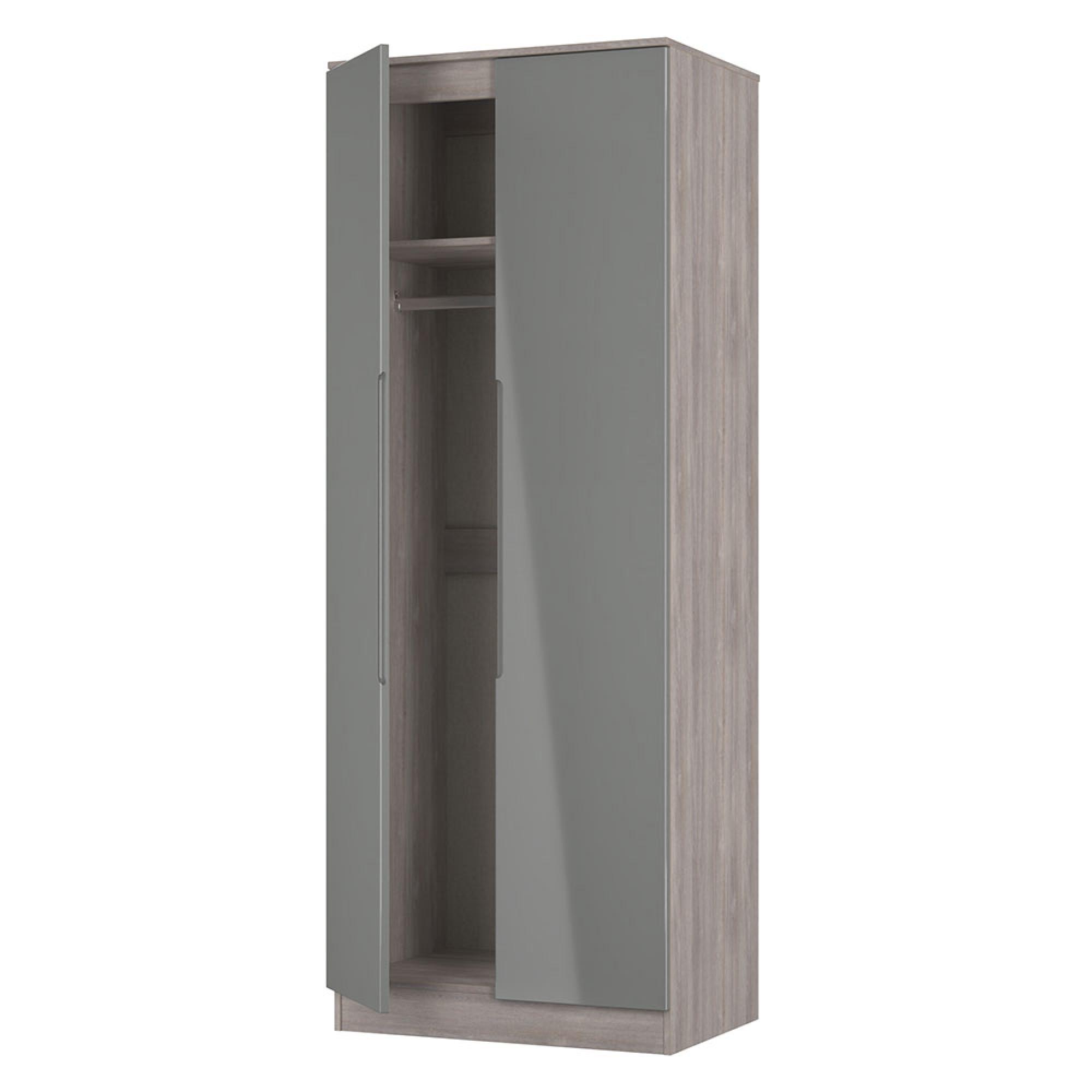 Milan Wardrobe - 2 Door - Plain - Tall - Grey Gloss and Grey Oak