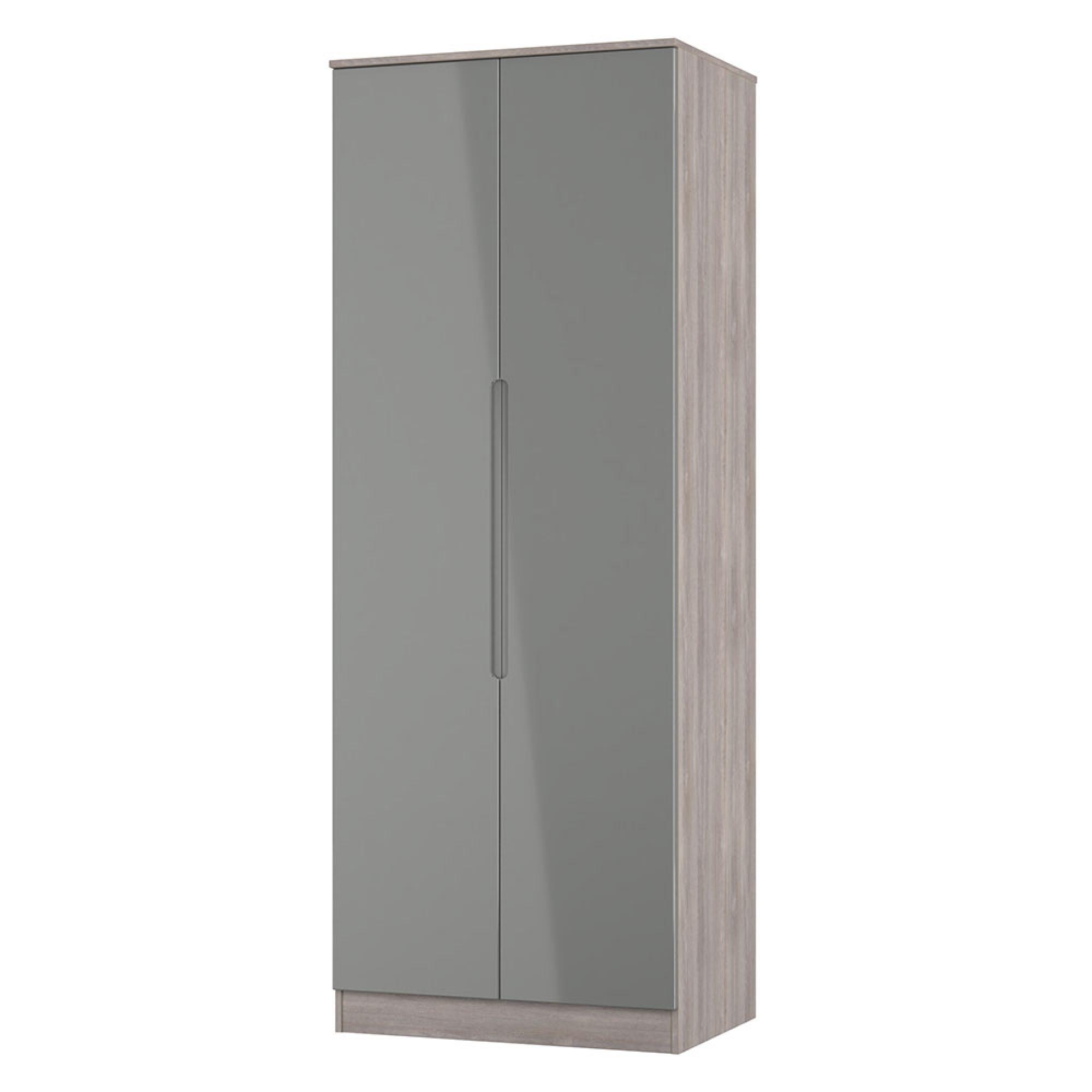 Milan Wardrobe - 2 Door - Plain - Tall - Grey Gloss and Grey Oak