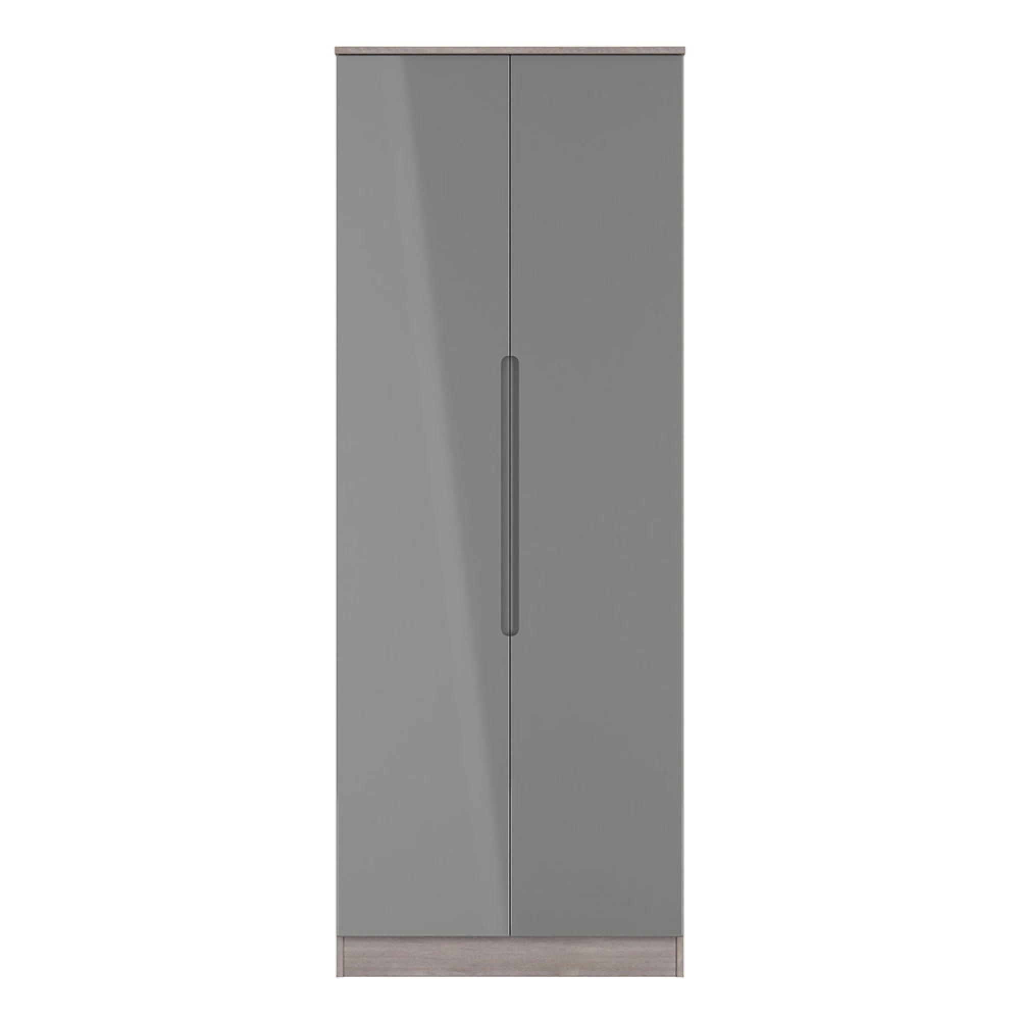 Milan Wardrobe - 2 Door - Plain - Tall - Grey Gloss and Grey Oak