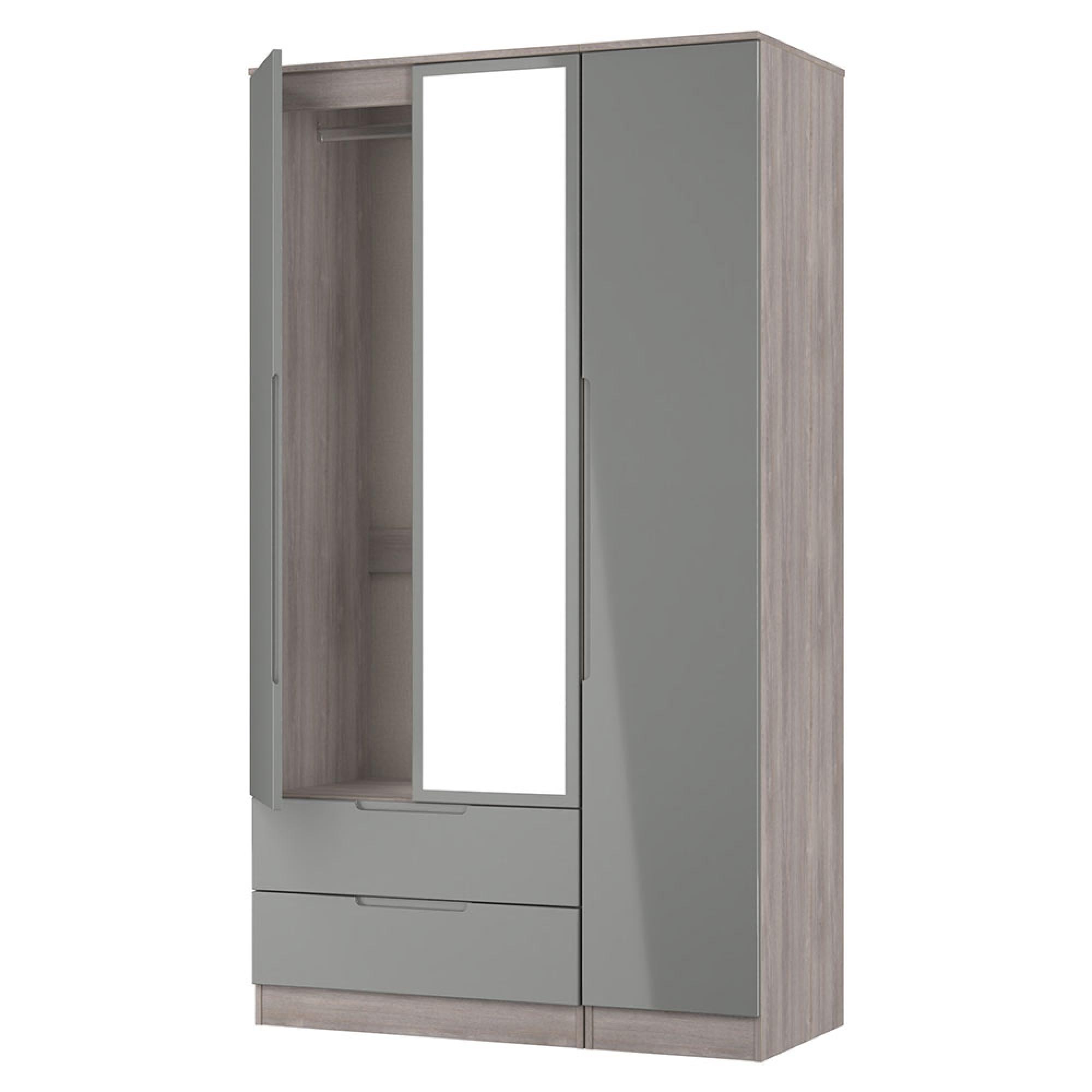 Milan Wardrobe - 3 Door - 1 Mirror - LHF 2 Drawer - Tall - Combi - Grey Gloss and Grey Oak