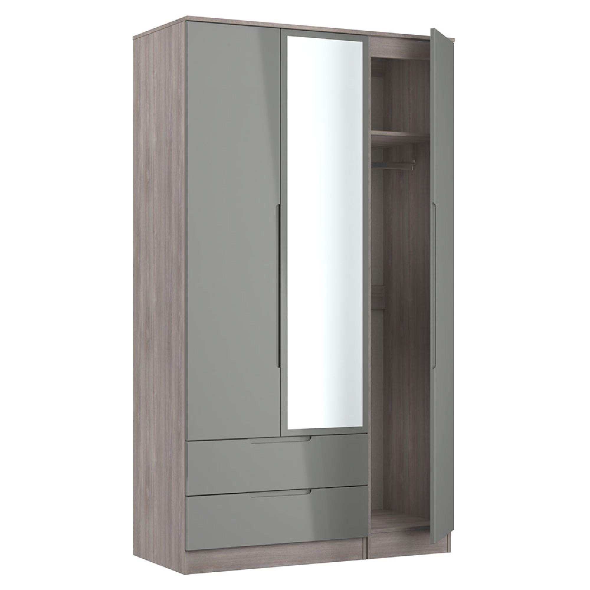 Milan Wardrobe - 3 Door - 1 Mirror - LHF 2 Drawer - Tall - Combi - Grey Gloss and Grey Oak