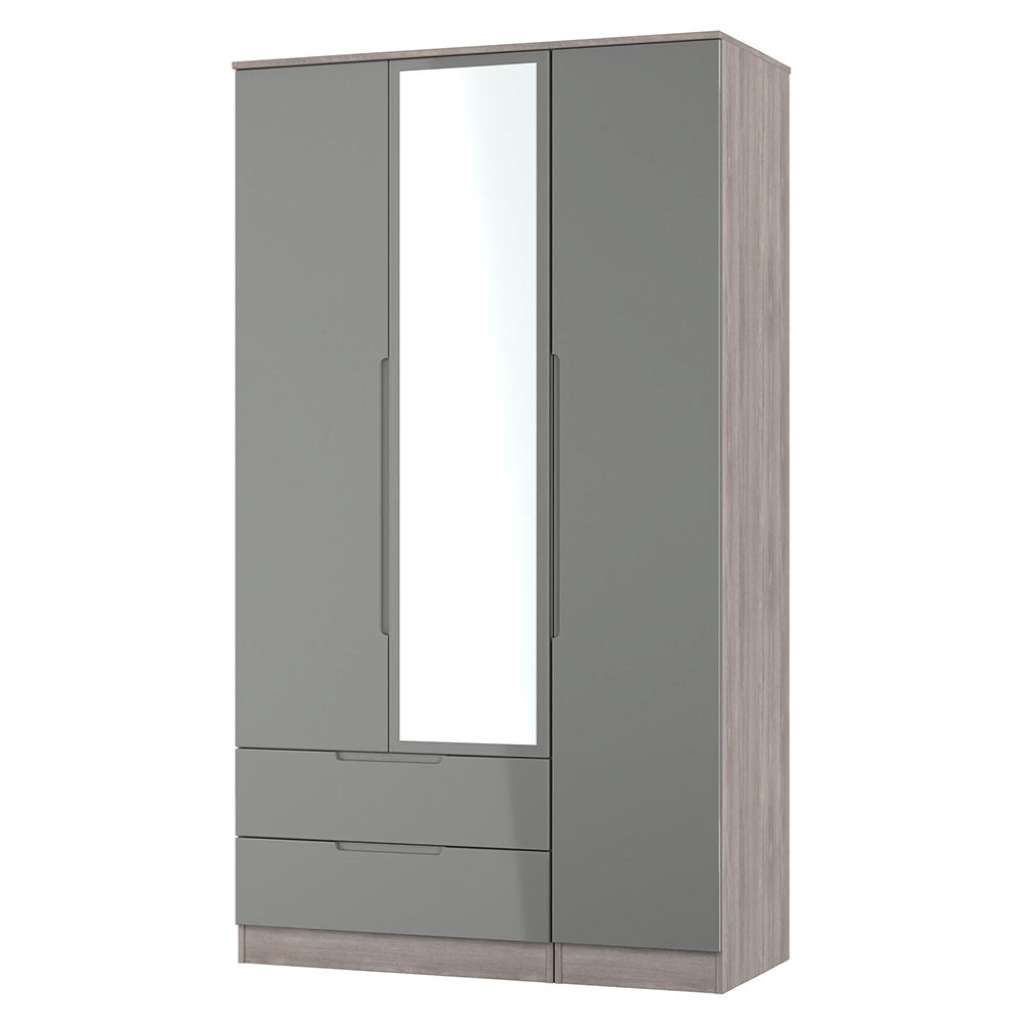 Milan Wardrobe - 3 Door - 1 Mirror - LHF 2 Drawer - Tall - Combi - Grey Gloss and Grey Oak